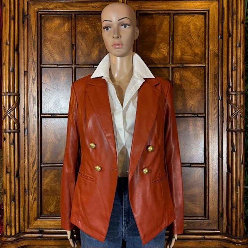 G by Giuliana Spice Faux Leather Double Breasted Stretch Sleeve Blazer
